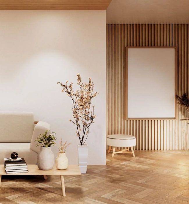 Arredamento zona living con salotto su misura in legno chiaro realizzato da Gasperoni Design